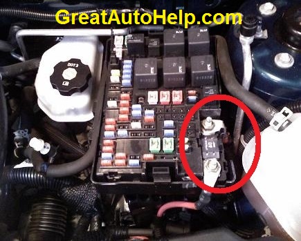 Location of the 50 amp or 100 maxi fuse in a 2006 Chevy Equinox and Pontiac Torrent. This blown fuse causes no power steering.